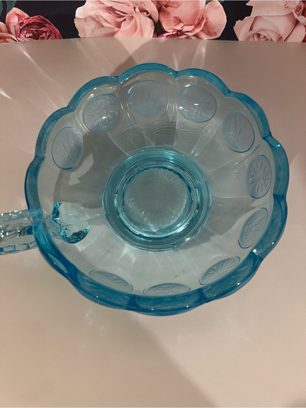 Vintage Fostoria Old Blue Coin Glass Handled Nappy Dish - Picture 2 of 9